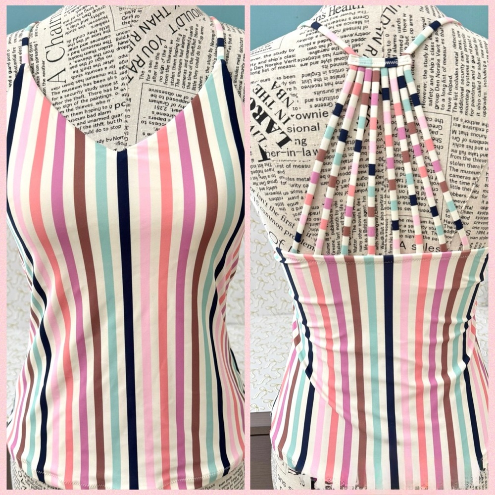 Raisins Tankini Vertical Slimming Stripes w/Fun Strappy Back Swimsuit Top Medium